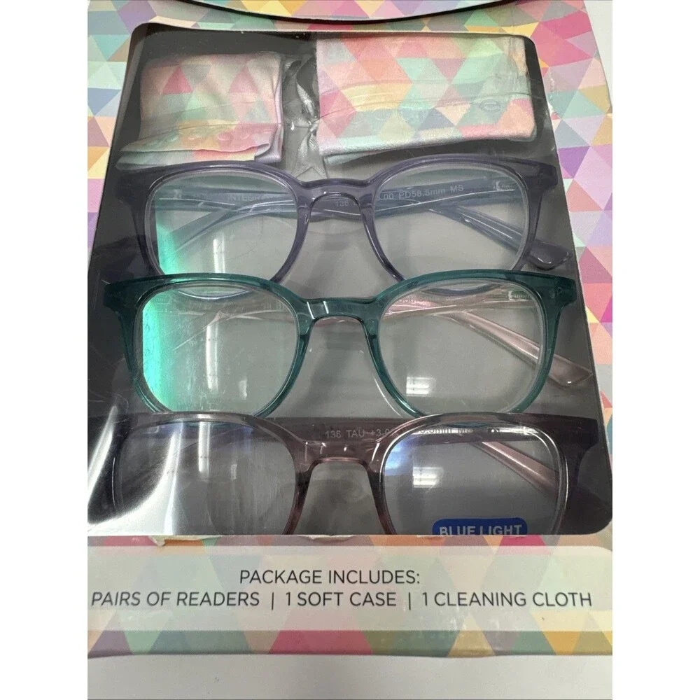 Optique Readers +3.00 3 Pair, One Blue Light Soft Case Cleaning Cloth NEW